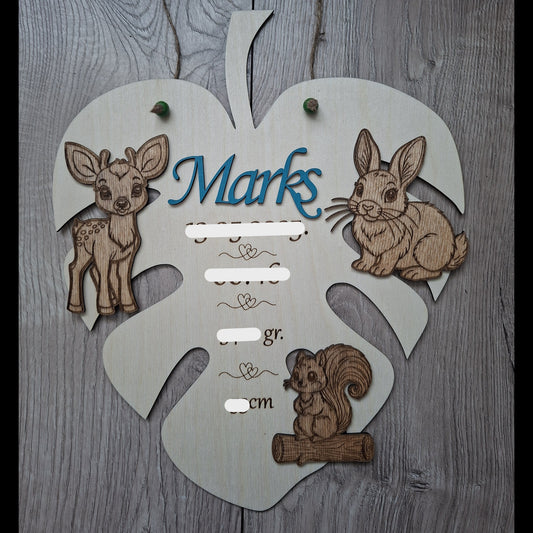 ersonalizēts koka sienas dekors "Meža draugi" ar dzimšanas datiem